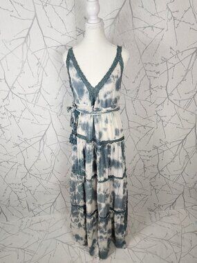 Angie Green Tie Dye Jersey Lace Trim V-Neck Tiered Maxi Dress